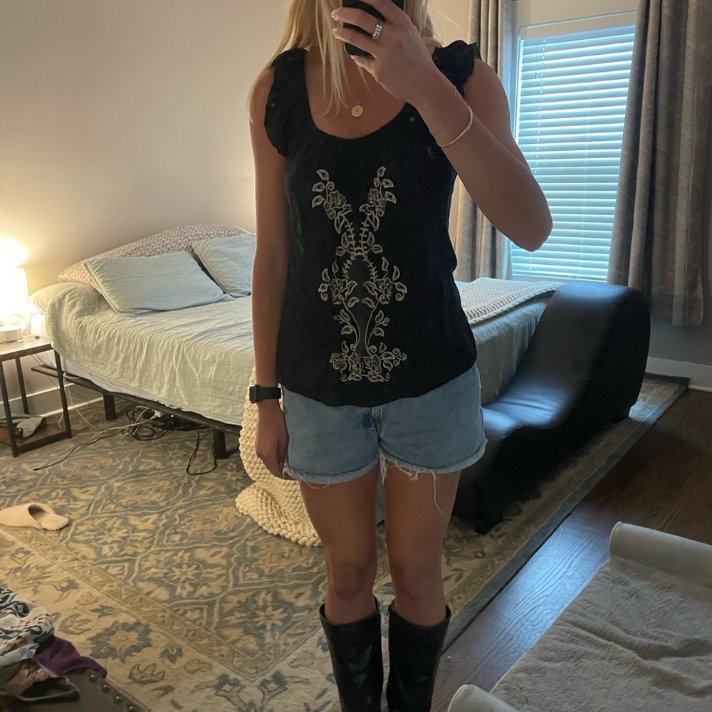 Embroidered Black Sleeveless Top